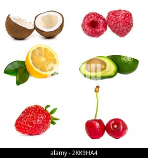 Auswahl an verschiedenen Früchten und Beeren isoliert auf weißem Hintergrund Stockfoto