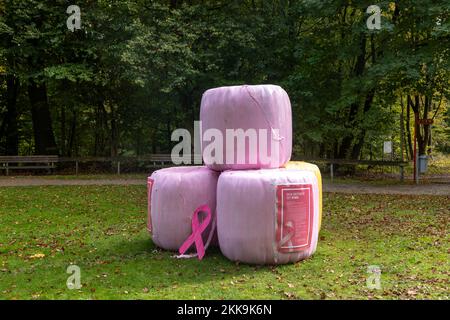 Detmold, Deutschland - 16. Oktober 2020: Strohballen in rosa mit einer Hilfsschleife, um an die Toten zu erinnern und auf diese Verderblichkeit aufmerksam zu machen. Stockfoto