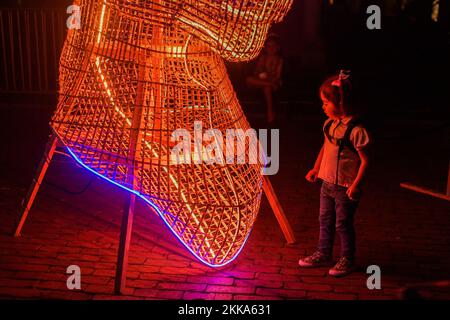 Merida, Mexiko. 24.. November 2022. Eine Skulptur aus abbaubaren Materialien wie Schilf, Holz und Garn des Künstlers Amauri Sanabria . Während des „International Lights Festival“ können Besucher die Lichtershow genießen, die vom 24. November bis 27. November in Mérida stattfindet. Das International Lights Festival bietet 24 Kunstwerke wie Videokarten, Projektionen, Lichtfiguren, architektonische Beleuchtung, Installationen, Unter anderem von internationalen Künstlern. Am 25. November 2022 in Merida, Mexiko. (Kreditbild: © Mariana Gutierrez/Eyepix via ZUMA Press Wire) Stockfoto