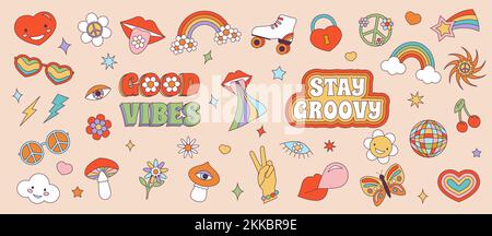 Retro 70s Groovy Hippie Sticker Set. Psychedelische Cartoon-Elemente - funky Gänseblümchen, Pilze, Auge, Regenbogen, Frieden, Liebe, Herz, Kirsche, Discoball Stock Vektor