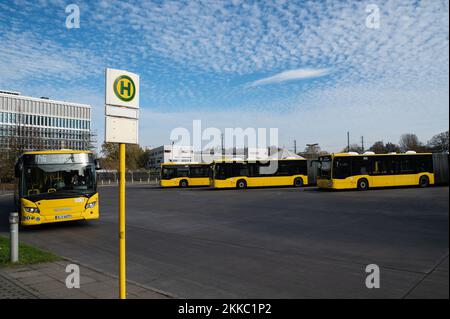 12.11.2022, Berlin, Deutschland, Europa - BVG-Metrobusse am Busbahnhof Hertzallee und Wendepunkt am Zoologischen Garten in Charlottenburg. Stockfoto