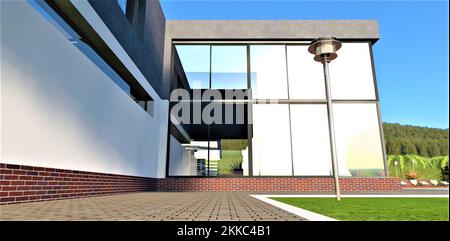 Ein eleganter roter Backsteinsockel passt gut zu grauen Steinpflastern mit weißem Rand und grünem Rasen. Reflexion eines sonnigen Tages auf einer Glasfassade. Stockfoto
