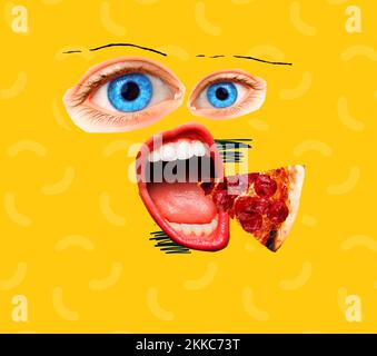 Moderne Kunstcollage. Beine, Lippen und Pizza. Modernes Speisekonzept. Stockfoto