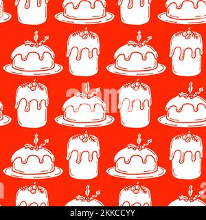 Nahtloses Muster mit traditionellem Weihnachtskuchen im Doodle-Stil auf einem Rot Stock Vektor