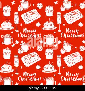 Nahtloses Muster mit traditionellen Weihnachtsgerichten und -Getränken im Doodle-Stil auf rotem Hintergrund Stock Vektor
