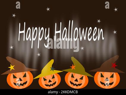 Happy Halloween Text Banner mit Jack o Lanterns. Happy Halloween Text und Kürbisse auf braunem Hintergrund. Stockfoto