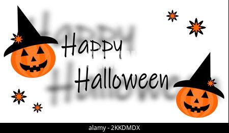 Happy Halloween Post mit orangefarbenem Kürbis und Blumen. Stockfoto