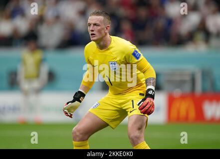 Englischer Torwart Jordan Pickford während des FIFA-Weltmeisterschaftsspiels Gruppe B im Al Bayt Stadium in Al Khor, Katar. Foto: Freitag, 25. November 2022. Stockfoto