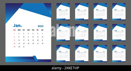 2023 Tischkalender Design-Vektorvorlage, neues Schreibtisch- und Wandkalender-Banner mit kreativen und dynamischen Formen für druckfertiges Social-Media-Design. Stock Vektor