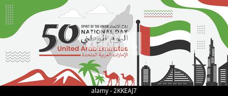 Banner zum Nationaltag der Vereinigten Arabischen Emirate zum 50.. Jahrestag des Unabhängigkeitstages Flagge der vereinigten Arabischen emirate mit modernem geometrischem Design Stock Vektor
