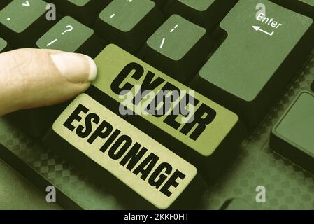 Inspiration mit dem Zeichen Cyber-Spionage. Geschäftsüberblick Erlangung von Geheimnissen und Informationen ohne Genehmigung Stockfoto