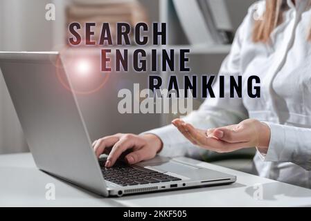 Konzepttitel Suchmaschinenranking, Wort für Rang, an dem die Site in der Suchmaschinenabfrage angezeigt wird Stockfoto