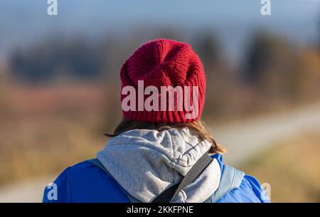 Frau steht in der Natur Wanderung und Freiheit. Rückansicht einer Frau in Winterkleidung mit Blick auf die Herbstlandschaft. Reisefoto, selektiver Fokus Stockfoto