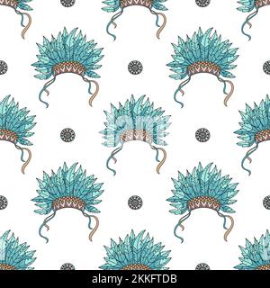 INDIANS KOPFSCHMUCK Cartoon American Native Warrior Culture Seamless Pattern Vector Illustration für Print Stock Vektor