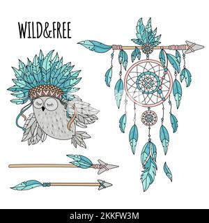 INDIANS FREEDOM Cartoon American Native Warrior Hero Attributes Vector Illustration Set für Print Stock Vektor