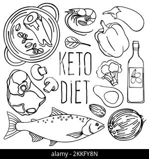KETO SCHWARZWEISS gesundes Lebensmittel Low Carb Diet richtige Ernährung Clip Art Vector Illustration Set zum Drucken Stock Vektor