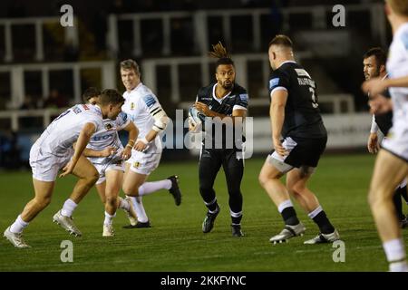 Newcastle, Großbritannien. 10.. September 2022. Elliott Obatoyinbo von Newcastle Falcons in Action während des Gallagher Premiership-Spiels zwischen Newcastle Falcons und Exeter Chiefs im Kingston Park, Newcastle, am Freitag, den 25.. November 2022. (Kredit: Chris Lishman | MI News) Kredit: MI News & Sport /Alamy Live News Stockfoto