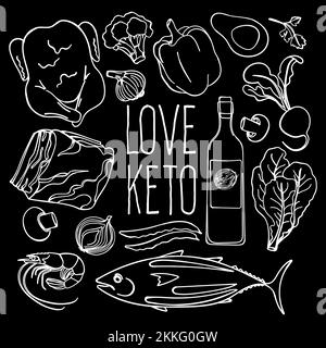 KETO SCHWARZ gesundes Lebensmittel Low Carb Diet richtige Ernährung Monochrom Vektor Illustration Set zum Drucken Stock Vektor