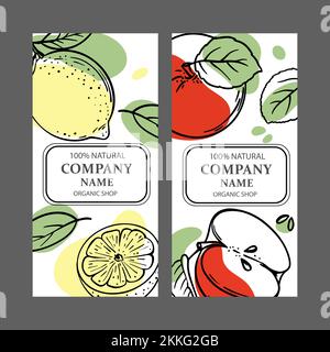 ETIKETTEN VON ZITRONENÄPFELN Design von Aufklebern für Shop of Organic Natural Fresh Fruit Gemüse and Dessert Drinks Products in Sketch Style Vector Illustrati Stock Vektor