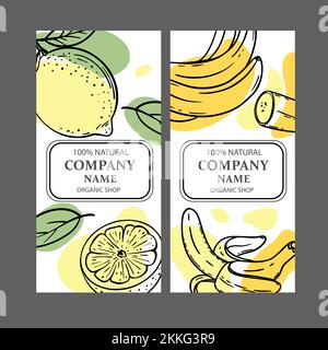 ETIKETTEN FÜR ZITRONENBANANEN Design von Aufklebern für Shop of Organic Natural Fresh Fruit Gemüse and Dessert Drinks Products in Sketch Style Vector Illustrat Stock Vektor