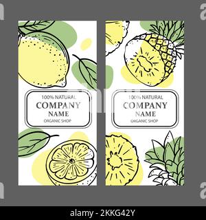 ZITRONENANANAS Design von Aufklebern und Etiketten für Shop of Organic Natural Products und Dessert Drinks in Sketch Style Vector Illustration Set Stock Vektor