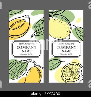 LEMON MANGO Aufkleber und Etiketten Design for Shop of Organic Natural Products and Dessert Drink Products in Sketch Style Vector Illustration Set für PRI Stock Vektor