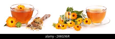 Calendula Tee mit frischen und getrockneten Blumen auf weißem Hintergrund Stockfoto