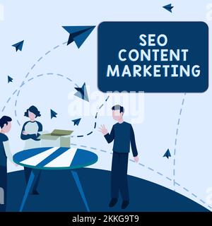 Textzeichen mit Seo Content Marketing. Geschäftsüberblick Veröffentlichung von Materialien zur Markenwerbung Stockfoto