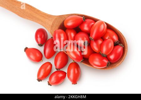 Rose hip in Holzlöffel isoliert auf weißem Hintergrund mit voller Schärfentiefe. Draufsicht. Flach verlegt. Stockfoto