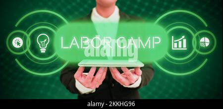 Schreiben mit Text Labor Camp. Konzeptfoto eine Strafkolonie, in der Zwangsarbeit geleistet wird Stockfoto