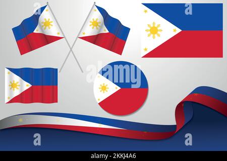 Ein Satz illustrierter philippinischer Flaggen in verschiedenen Formen und Variationen auf silbernem Hintergrund Stock Vektor