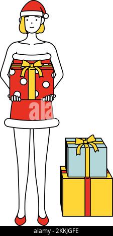 Eine Frau, die als Weihnachtsmann verkleidet ist und ein Geschenk in der Hand hat Stock Vektor