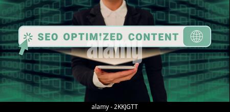 Text mit Inspiration Seo Optimized Content, Business Showcase, wodurch Webseiten für Suchmaschinen attraktiv werden Stockfoto