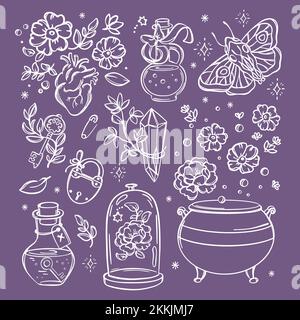 MAGIC SYMBOLS Witchcraft Collection Bhexe Doodle Love Objects Alchemische Elemente Halloween Astrologie Esoteric Occult Sketch Handzeichnet für Design Cre Stock Vektor