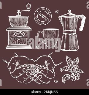 MANN HÄLT KAFFEEKÖRNER IN SEINEN HANDFLÄCHEN Coffee Grinder Design Elements for Store of Dessert Drinks in Sketch Style Handgezeichnete Vector Illustration Set F. Stock Vektor