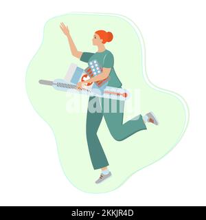 ARZT Thermometer Coronavirus Covid-19 Krankheit Pandemie Epidemie Praktizierender Flachdesign Clip Art Vector Illustration Set für Druck Stock Vektor