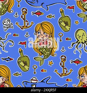 MEERJUNGFRAU UND ANKER Corsair Skull mit Hai und Oktopus Cartoon handgezeichnete nahtlose Mustervektordarstellung auf blauem Hintergrund mit Pirate attribu Stock Vektor