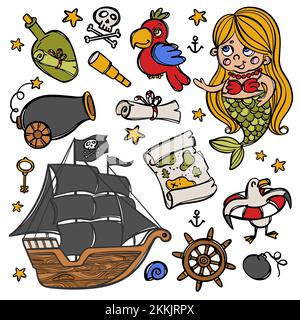 MEERJUNGFRAU UND PIRATENSCHIFF Segelboot mit schwarzen Segeln und anderen Reiseattributen Handgezeichnete Cartoon-Objekte Vektor-Illustration Set für Design und PR Stock Vektor