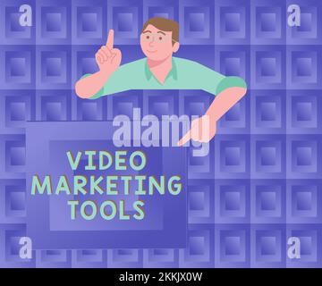 Unterschreiben Sie, dass Video-Marketing-Tools angezeigt werden. Ein Wort über Techniken, die zur Steigerung der Publikumsbindung eingesetzt werden Stockfoto
