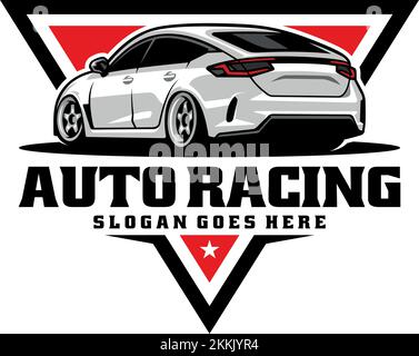 Ein Vektordesign eines Auto-Racing-Logos auf einem roten Dreieck mit einem bearbeitbaren Text unten Stock Vektor