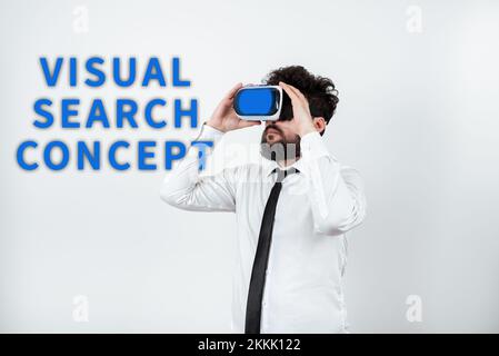 Textbeschriftung zur Darstellung des Konzepts der visuellen Suche. Geschäftsüberblick - Wahrnehmbare Aufgabe, die Aufmerksamkeit für ein Objekt erfordert Stockfoto