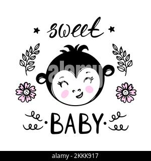 AFFENLIEBES Baby niedliches Tier Festliche Grußkarte mit Blumen Cartoon handgezeichnete Skizze mit handschriftlicher Textklammer Art Vektorabbildung für Prin Stock Vektor