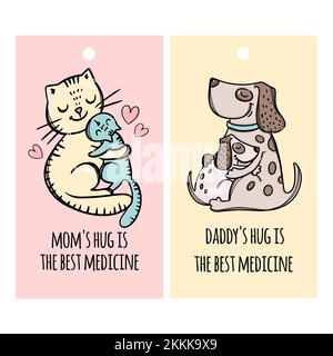 MUTTERTAG PARTY Vater Hund Umarmung Hündchen Sohn Mutter Katze Umarmung ihre Tochter elterliche Beziehung Handschrift Text Handgezeichnete Tags Vektor-Illustration Set Stock Vektor