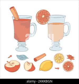 GLÜHWEIN-SET Winterferien Dessert Frohe Weihnachten Neujahr Clip Art Vektor-Illustrationsset zum Drucken Stock Vektor