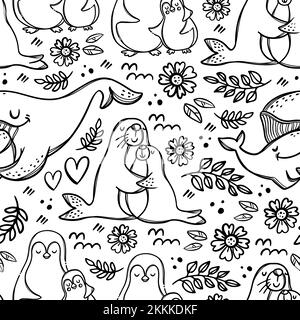 MEINE REIZENDE MUTTER Muttertag Meerestiere umarmen und küssen ihre Kinder elterliche Beziehung Monochrom Hand gezeichnet nahtlose Muster Vektor Illustration Stock Vektor
