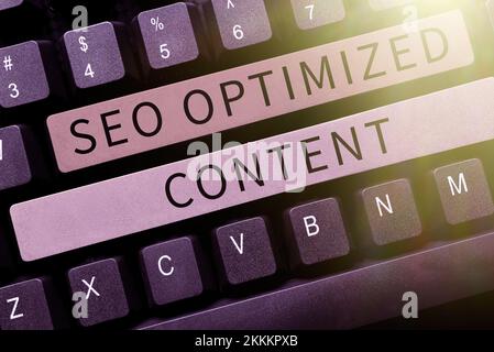 Handschriftliches Schild Seo Optimized Content. Unternehmensübersicht, die Webseiten für Suchmaschinen attraktiv macht Stockfoto