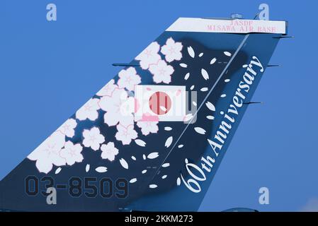 Präfektur Aomori, Japan - 07. September 2014: Japan Air Self-Defense Force Mitsubishi F-2A Multirole Fighter. JASDF-Jubiläumsschema 60.. Stockfoto