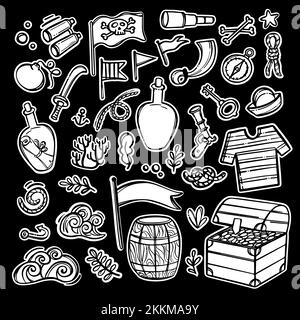SEENOT Piratenmotiv Monochrom handgezeichneter Cartoon Clipart Aufkleber und Label Sea Vector Illustration Set für Druck- und Schneidemaschinen auf Bla Stock Vektor