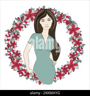 SILVESTER-IKONE langes Mädchen Porträt in rotem Blumenkranz Frohe Weihnachten Clip Art Vektor-Illustration Set zum Drucken Stock Vektor
