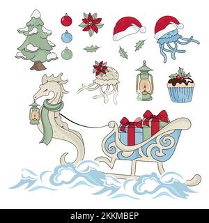 SILVESTER SEEPFERDCHEN Geschenk in Schlitten Winter Unterwassertiere Cartoon Merry Christmas Clip Art Vector Illustration Set zum Drucken Stock Vektor